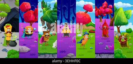 Cartoon fast food and snacks Halloween wizards, mage and sorcerer characters. Vector donut magician with fireballs, burrito with potion, nacho with magic wand, magical burger, coffee and hot dog Stock Vector