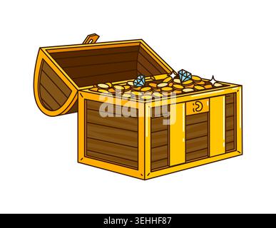 Cartoon pirate treasure chest overflowing with gold coins and sparkling blue diamonds. Open wooden chest with golden trim for pirate party, kids app design, reward screens and sticker packs Stock Vector