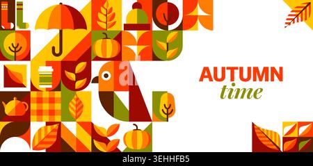 Autumn falling season time banner with mosaic geometric patterns. Tiles showing pumpkin, falling tree leaves, bird, umbrella, coffee cup, teapot or socks conveying warm and cozy season or harvest mood Stock Vector