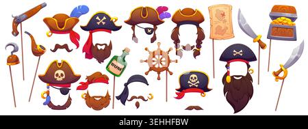 Cartoon pirate photo booth masks and props for kids birthday party or carnival. Vector photo booth face masks of funny captain pirate and sailor corsair with hats and eye patches, hook and sword props Stock Vector