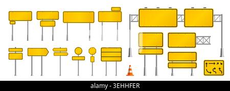 Yellow street road traffic signs and highway signboards on metallic poles. Yellow sign boards of traffic signposts and direction arrows, road information billboards or way navigation signage Stock Vector