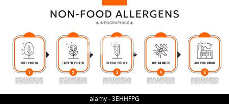 Non food allergens infographic showing tree, flower or cereal pollen, insect bites and air pollution numbered sections and thin line icons. Info graphics explains common environmental allergy triggers Stock Vector