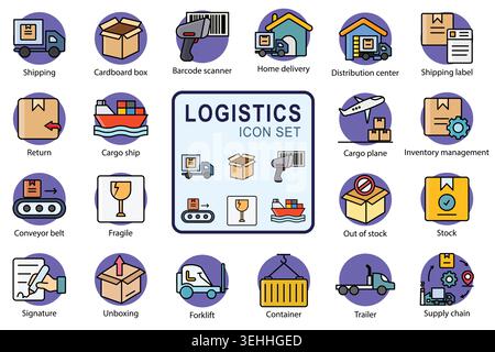 Logistics icon set. Colored outline icon style. Containing icon shipping, barcode scanner, stock, distribution center and more. design vector Stock Vector