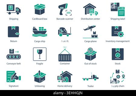 Logistics icon set. Solid icon style. Containing icon shipping, barcode scanner, stock, distribution center and more. design vector Stock Vector