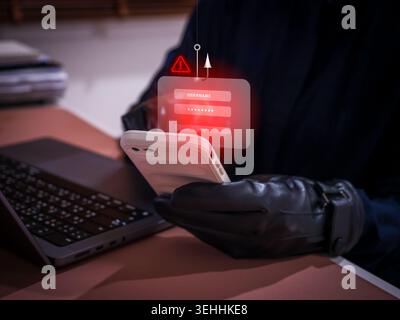 Phishing attack on smartphone by scammer with fake login interface and warning alert. Hacker stealing credentials, online fraud risk, data breach, ide Stock Photo