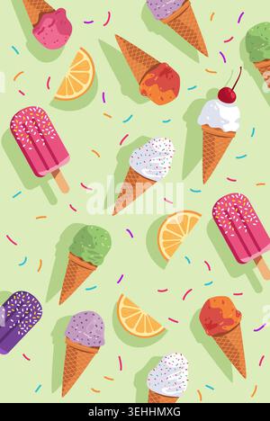 Ice cream cones popsicles summer treats seamless pattern colorful frozen desserts citrus slices sprinkles pastel green background playful design Stock Vector