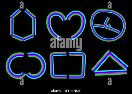 Neon shapes on black background with colorful outlines and vibrant glow Stock Vector