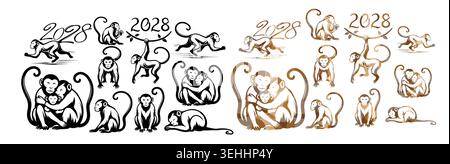 A large set of monkeys. Happy New year of the monkey 2028 greeting card for the Year of the monkey according to the Chinese calendar. Hand drawn. Not Stock Vector
