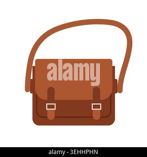 brown leather satchel bag with straps. flat style vector illustration Stock Vector