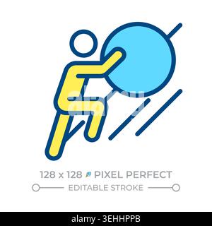 Person pushing rock uphill line color icon Stock Vector