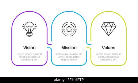 Strategic framework of organization rounded multicolor infographic 3 steps Stock Vector