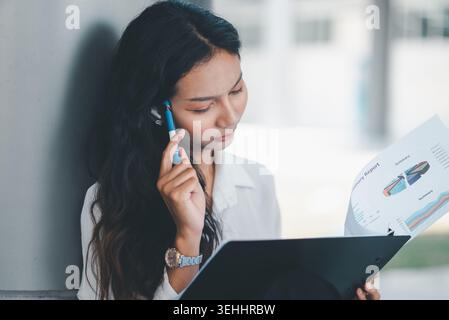 Close-up of a professional woman reviewing a business report with pen and clipboard, expressing careful analysis, focused thinking, planning, and effi Stock Photo
