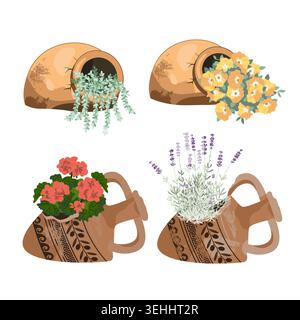 Flowers Potted in the Broken amphoras. Gardens decorative elements collection isolated on a white background. Vector illustration Stock Vector