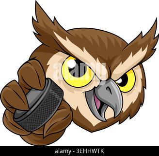 Owl Bird Ice Hockey Puck Cartoon Sport Team Mascot Stock Vector