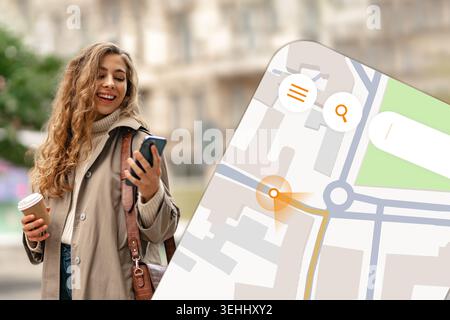 Using a smartphone to find taxi location on map while smiling in a city area Stock Photo
