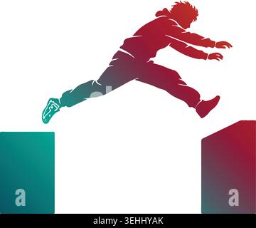 Dynamic gradient silhouette of a young tracer jumping across a rooftop gap, perfectly illustrating parkour, freedom, and extreme urban sports. Stock Vector