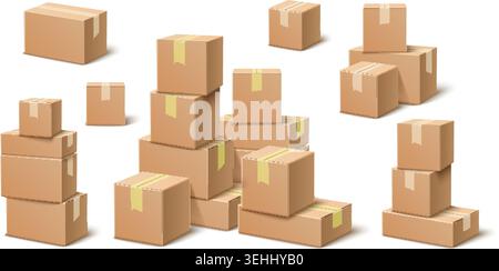Stack of cardboard boxes. Realistic group of paper containers. Packaging after delivery. Shipping crates. Closed with adhesive tape. Warehouse storage Stock Vector