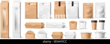 Takeout food packaging. Realistic templates for takeaway fastfood containers made of white and brown paper. Blank bags for burger and potato. Closed Stock Vector