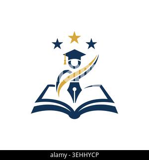 Modern college crest highlighting graduate student and open textbook icon. Stock Vector