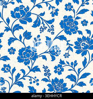 Decorative chintz-inspired floral design, stylized Jacobean flowers, leaves. Seamless vector pattern, hand-drawn aesthetic evokes classic textile prin Stock Vector