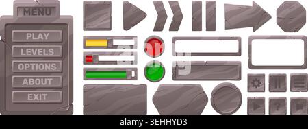Stone slabs, frames and buttons. User interface elements with stone texture. Dashboard signs and loading indicators. Cracked tablets. Boards with Stock Vector