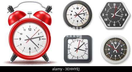 Realistic wall clocks with alarms. 3D watch featuring dials in various shapes. Square, round and polygonal frames of office timepieces. Time Stock Vector