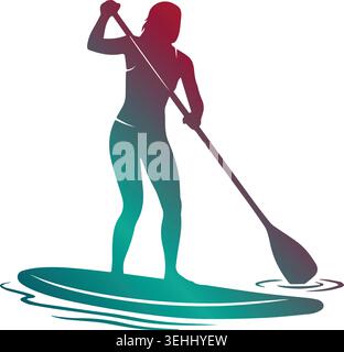 Elegant gradient silhouette of a woman stand up paddleboarding on calm water, holding a long paddle while balancing gracefully on her board. Stock Vector