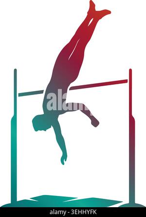 A striking gradient silhouette of a male high jump athlete clearing the bar mid-air, showcasing peak performance and dynamic athletic power. Stock Vector