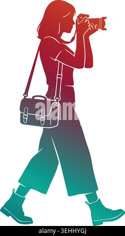 A side view gradient silhouette of a woman walking while taking a photo with a dslr camera, carrying a stylish shoulder bag over her arm. Stock Vector