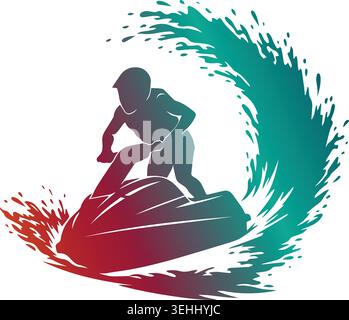 Dynamic gradient silhouette of a person riding a jet ski with large water splashes, perfect for water sports and extreme adventure designs. Stock Vector