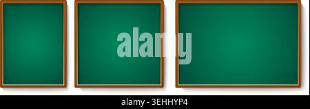 Realistic school chalkboard with wooden frame. Blank isolated green board for classroom hanging on wall. Information presentation for student. Class Stock Vector