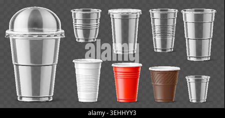 Realistic plastic cups. Transparent insulated containers for beverages and various types of smoothies. Cocktail 3D tableware. Disposable glass. Vector Stock Vector