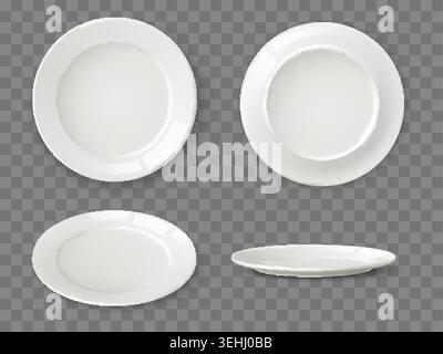 Realistic mockup featuring plates. Empty clean platters. top, side, and rear views of white ceramic tableware. Banquet serving. Porcelain dishware Stock Vector