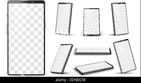 Realistic mobile phone mockup. Smartphone template shown from various angles with transparent background and display. Cellular telephone. Tablet Stock Vector