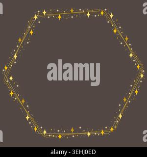 Sparkling Golden Yellow Hexagon Border Frame With Glitter Star Decoration Stock Vector