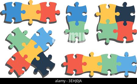 Jigsaw puzzle pieces template. Blank frames for infographic design. Vector illustration of colored interlocking game parts on white background. Modern Stock Vector