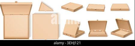 Realistic cardboard pizza box. Delivery packaging template. Craft paper products. Open and closed containers. Various view angles. Pizzeria pack for Stock Vector