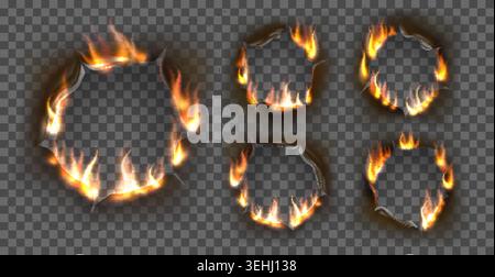 Realistic burn holes. Smoldering effect. Irregularly circular gaps in torn paper. Curling ash around edges. Slow burning flame. Damaged texture Stock Vector