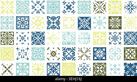 Ceramic Mediterranean pattern tiles set. Blue and yellow Amalfi mosaic ornaments. Italian floral vector design. Vintage traditional floor decor Stock Vector