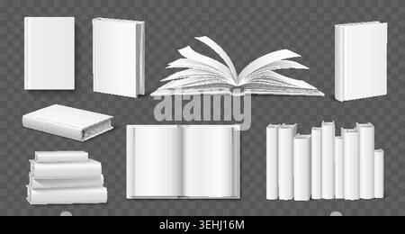 Realistic book mockup. White blank hardcover. Open or closed 3D textbooks from various angles. Literature top and front view. Encyclopedia pages Stock Vector