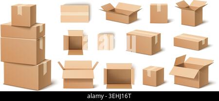 Realistic boxes. 3D cardboard packaging templates. Open and closed packing. Various view angles. Shipping containers. Postal delivery. Transportation Stock Vector