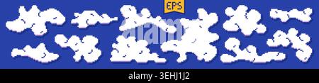 Pixel art white different shapes clouds. Stock Vector