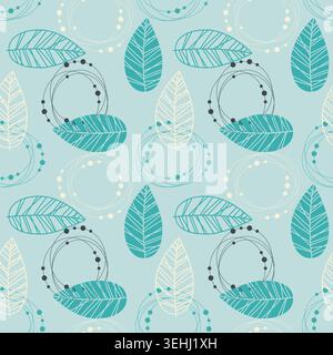 Seamless vector pattern with stylized leaves and geometric beaded circles in turquoise, teal and cream colors for modern textile print, bedding design Stock Vector