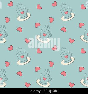 Seamless vector pattern with cute coffee cups and pink hearts on a dusty blue background for valentine day greeting cards, coffee shop menus and cozy Stock Vector