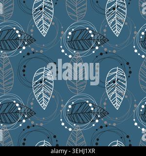 Seamless vector pattern with linear leaves and geometric wireframe circles in indigo blue, white and dark grey colors for masculine textile design, of Stock Vector