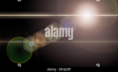 Real flare overlay sun light len effect on black background. Abstract horizontal shine beam with hexagonal bokeh. Golden ray flash for design. Bright Stock Photo
