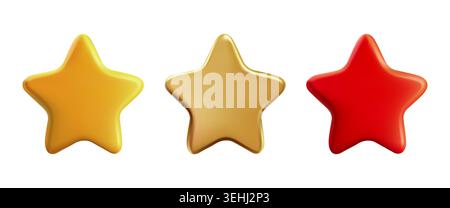 5 points star 3D icon. Red cute score, VIP gold bonus trophy. Rate balloon button vector. Review point yellow, golden Sticker render. Excellent rating Stock Vector