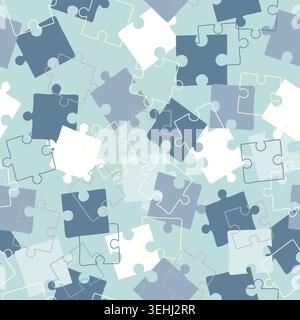 pattern with scattered jigsaw puzzle pieces in pastel blue, denim, white and outline shapes for kids educational materials, team building posters and Stock Vector