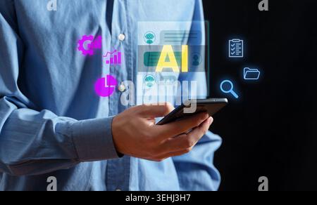 Person using a smartphone with an AI chatbot interface, digital icons for data analysis, automation, and technology hovering around Stock Photo