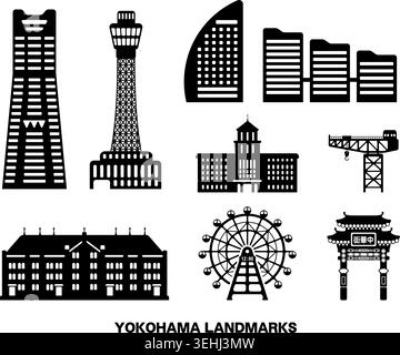 Yokohama landmarks flat vector illustration set Stock Vector